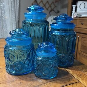 Moon and Star Canister Set of 4 by LE Smith Light Blue Pressed Glass Apothecary